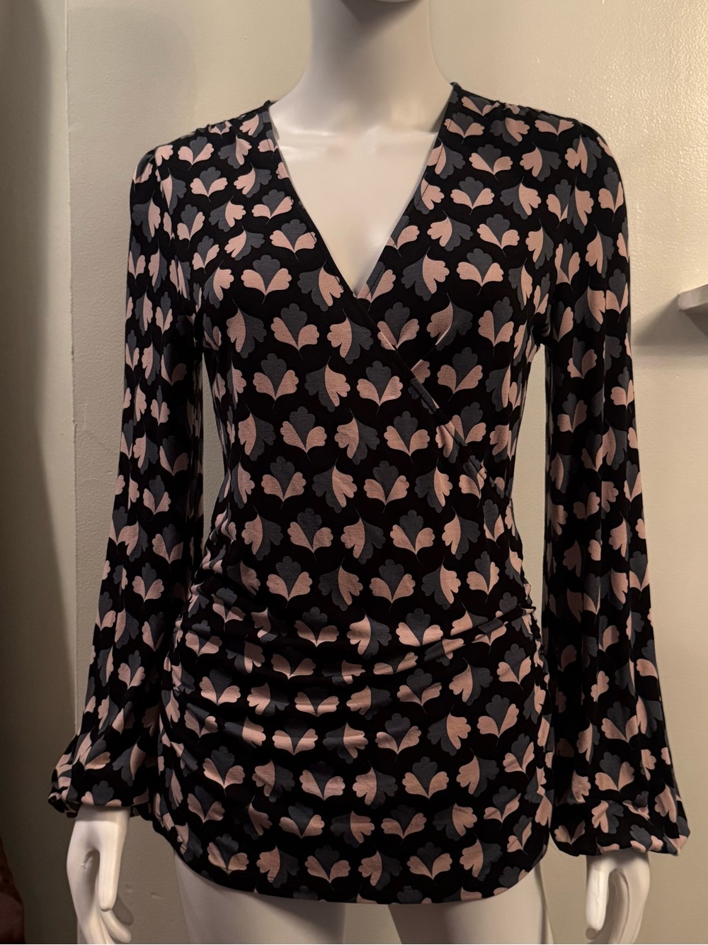 Boden Black with Blush Floral-Print Long Sleeve Wrap Top